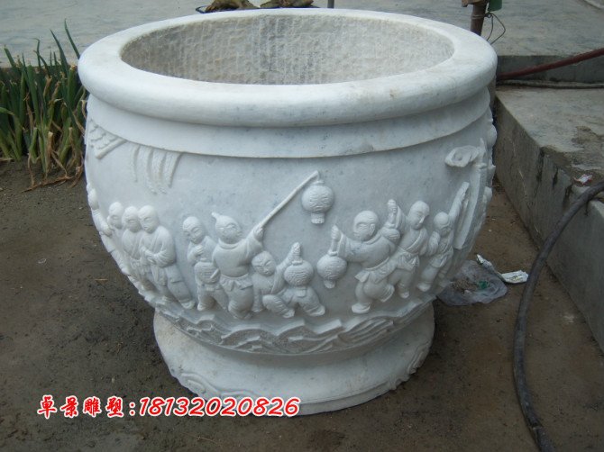 漢白玉花盆雕塑，白色石頭花盆 (2)