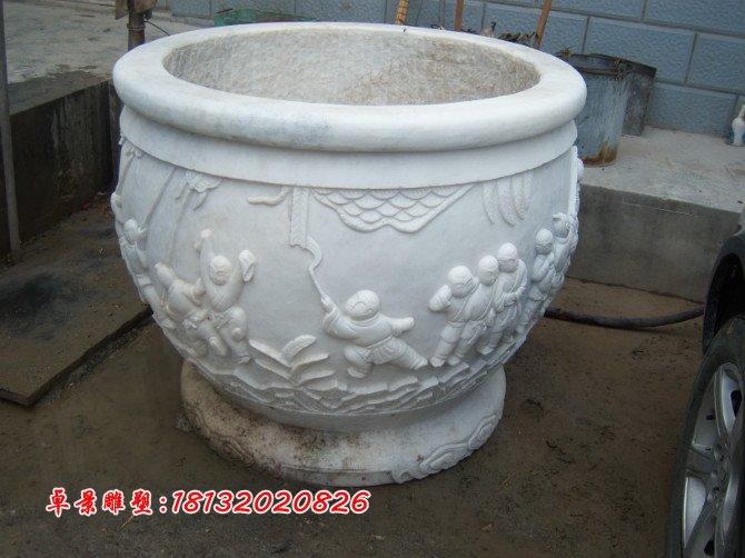 漢白玉花盆雕塑，白色石頭花盆 (1)