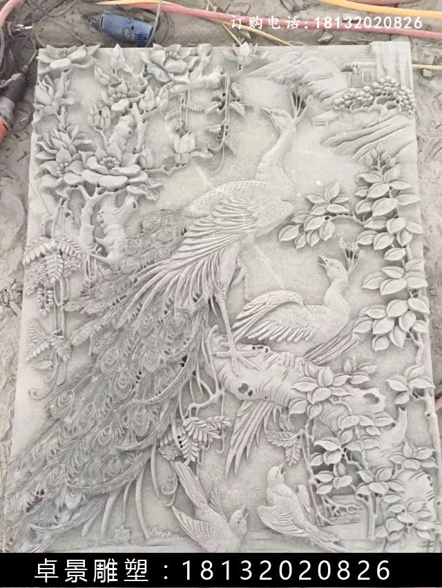 石雕百鳥朝鳳浮雕，漢白玉石浮雕