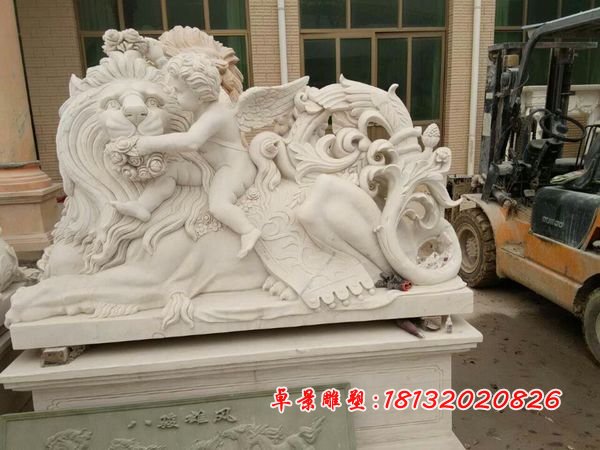 獅子與小天使石雕，漢白玉獅子和小天使雕塑