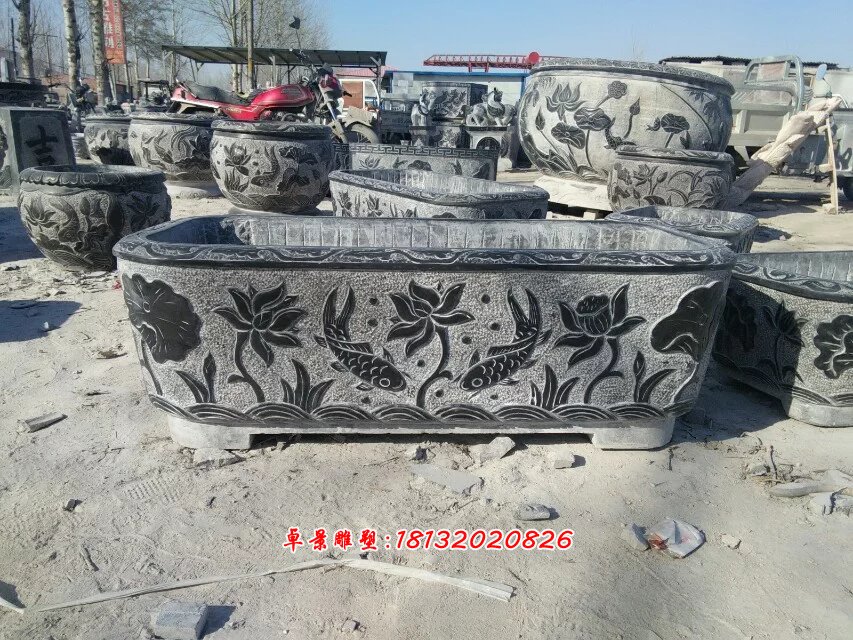 青石花盆，仿古石水盆