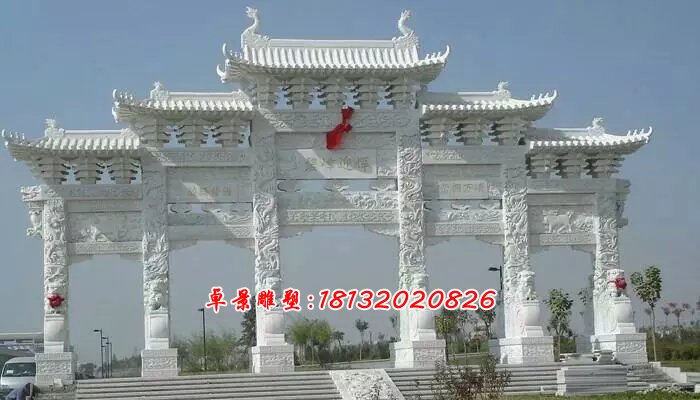 漢白玉石牌坊，五門牌坊石雕