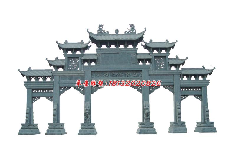 五門(mén)石牌坊，青石牌坊雕塑 (1)