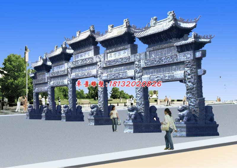 五門(mén)石牌坊，青石牌坊雕塑 (4)