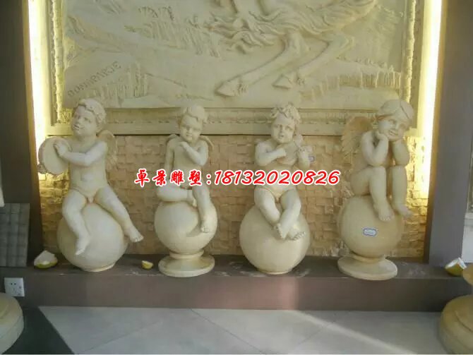 小天使石雕，漢白玉西方小孩雕塑