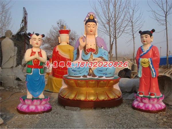 玻璃鋼觀音菩薩和善財(cái)童子雕塑，彩繪觀音菩薩雕塑