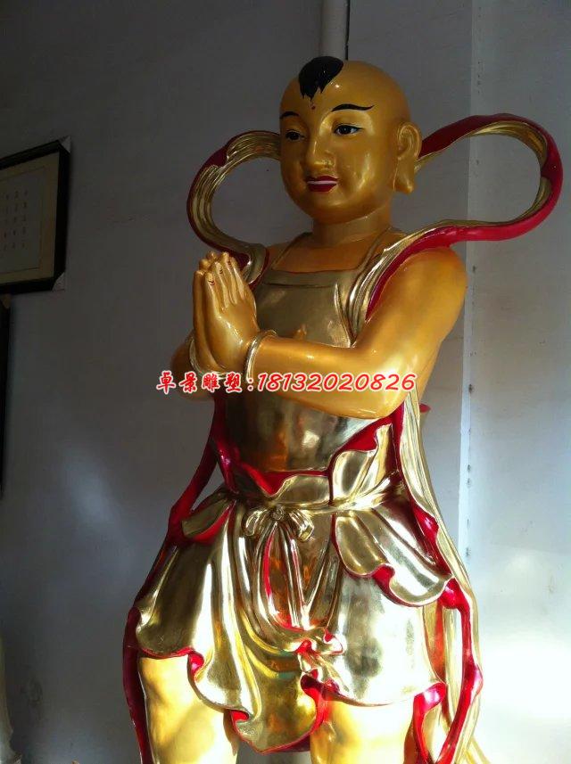 玻璃鋼善財(cái)童子雕塑,玻璃鋼彩繪貼金雕塑