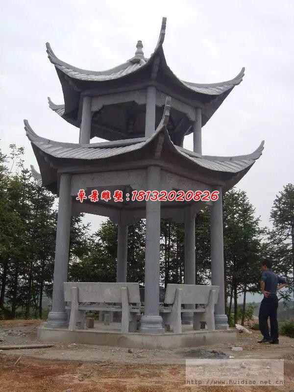 涼亭石雕，青石雙層涼亭雕塑 (2)