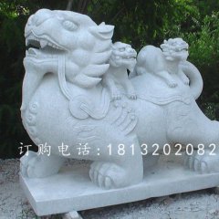 神獸石雕，大理石母子貔貅雕塑