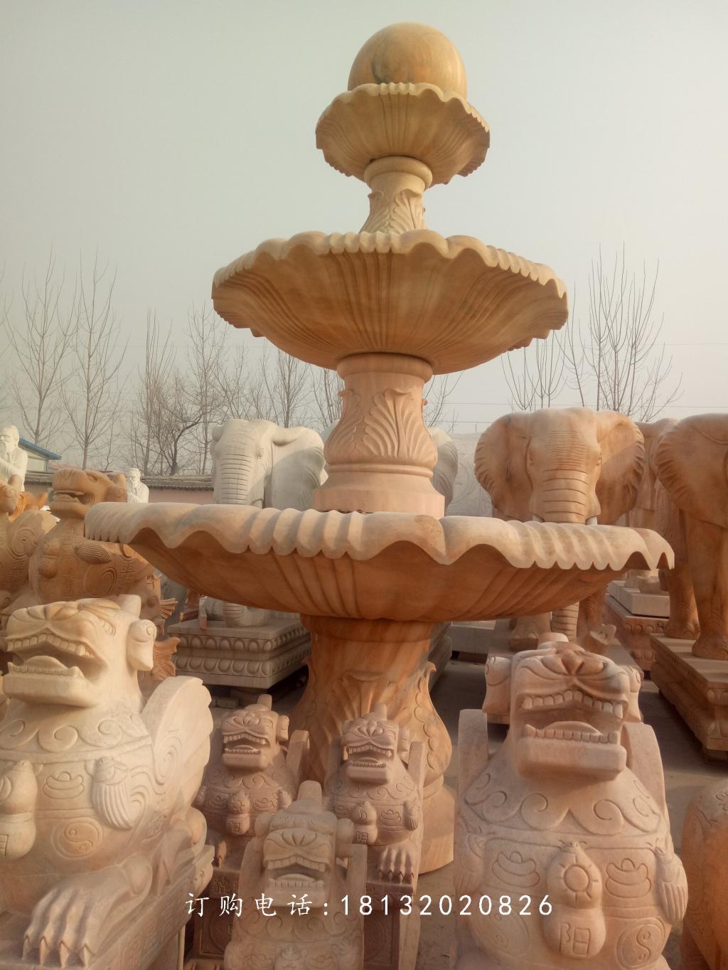風(fēng)水球噴泉，晚霞紅噴泉石雕
