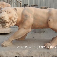 石雕老虎，公園晚霞紅老虎石雕