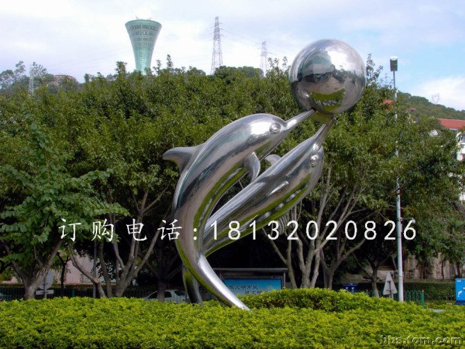 海豚頂球雕塑，公園不銹鋼雕塑
