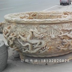 晚霞紅水缸石雕，龍浮雕水缸