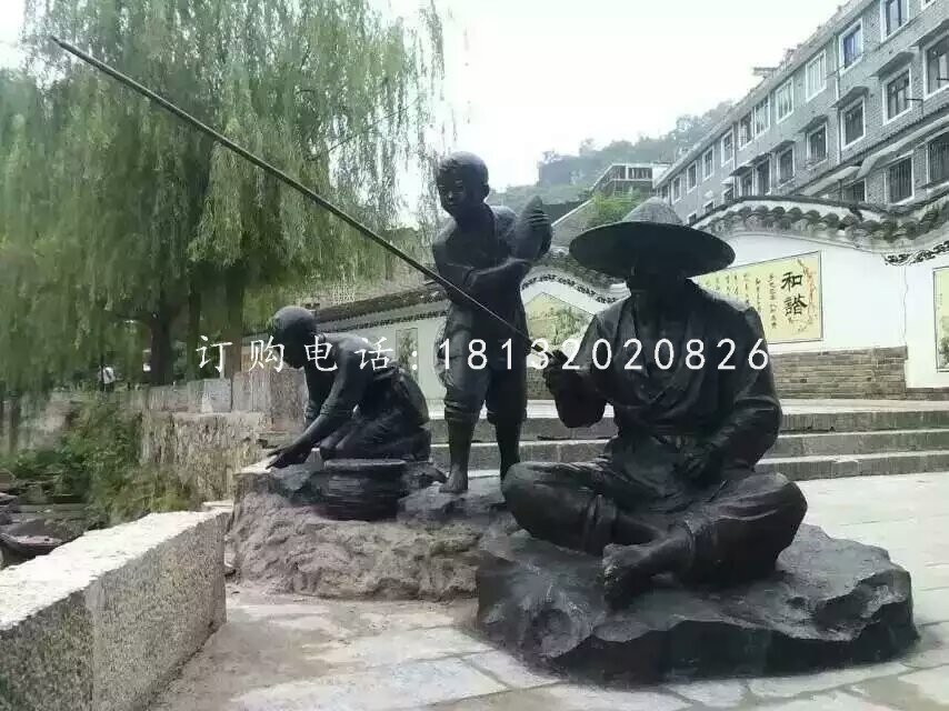 老人小孩垂釣銅雕,公園人物雕塑