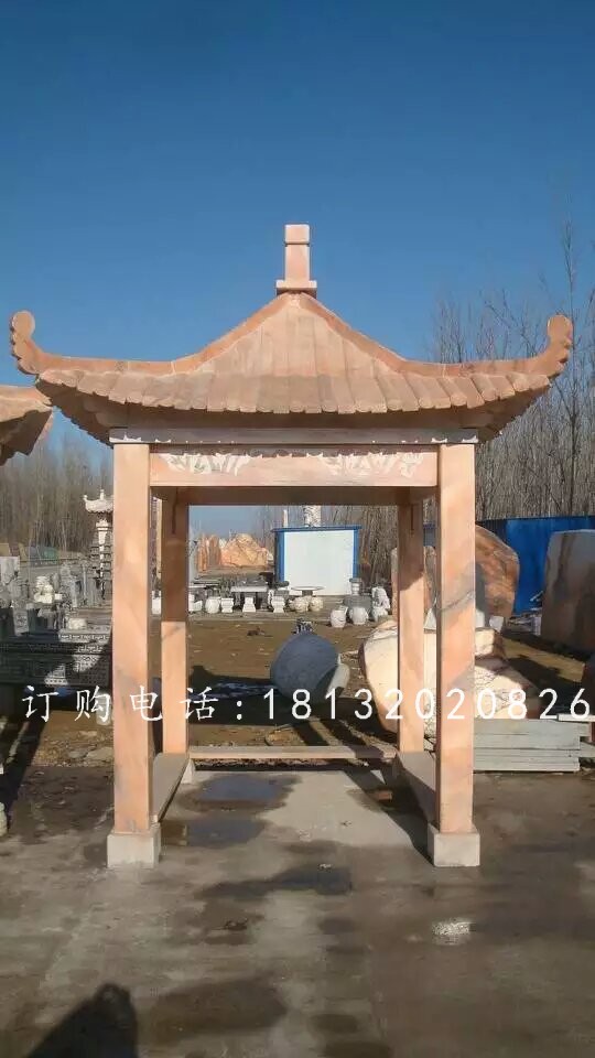 石方亭雕塑，晚霞紅石雕涼亭