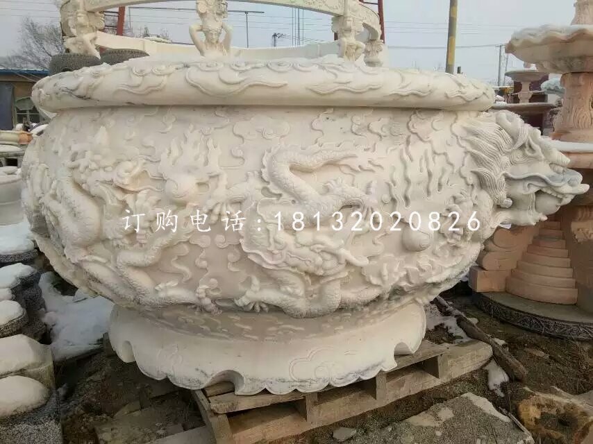 龍浮雕水缸雕塑，漢白玉石雕水缸