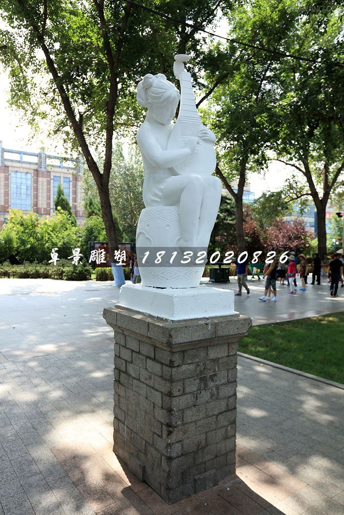 小女孩彈琵琶石雕，公園景觀石雕