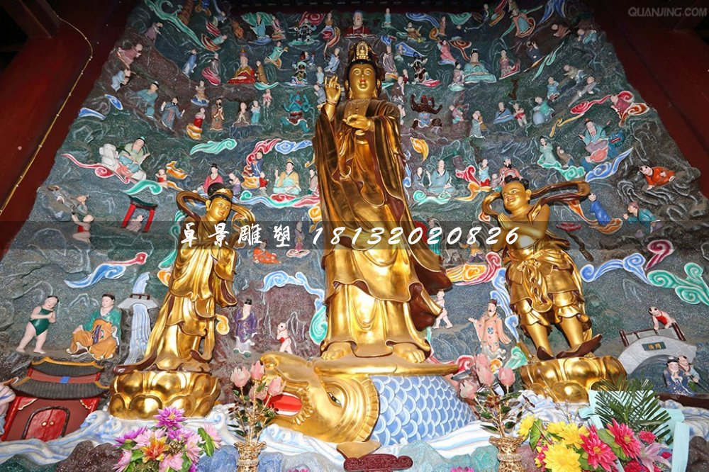 鎏金銅佛像，觀音與善財(cái)龍女銅雕