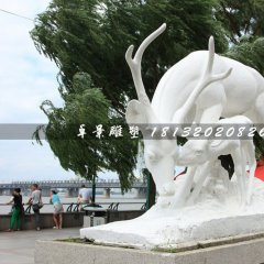 母子鹿石雕，漢白玉動(dòng)物雕塑