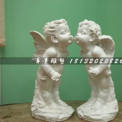 親吻小天使石雕，漢白玉小孩石雕
