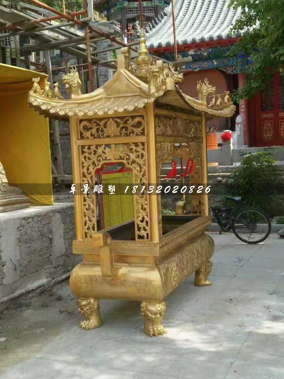 方形香爐銅雕，寺廟銅香爐 (1)
