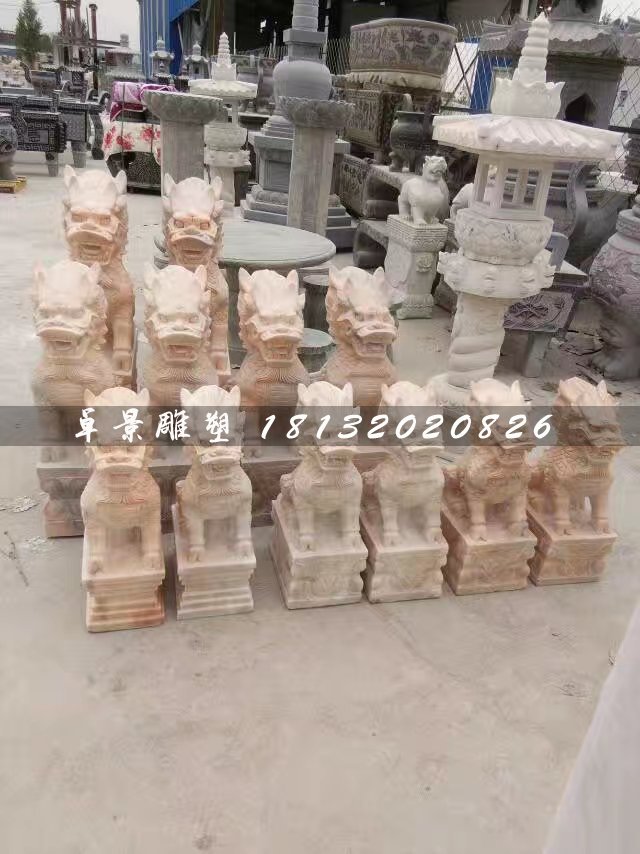 小型麒麟石雕，晚霞紅麒麟雕塑 (1)