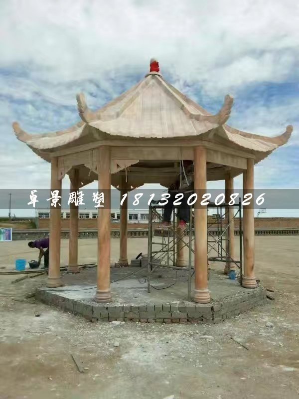 晚霞紅八角涼亭，公園石涼亭