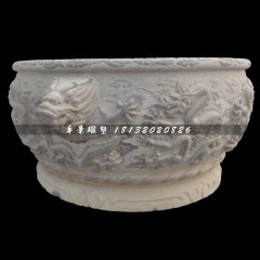 龍浮雕水缸，青石水缸