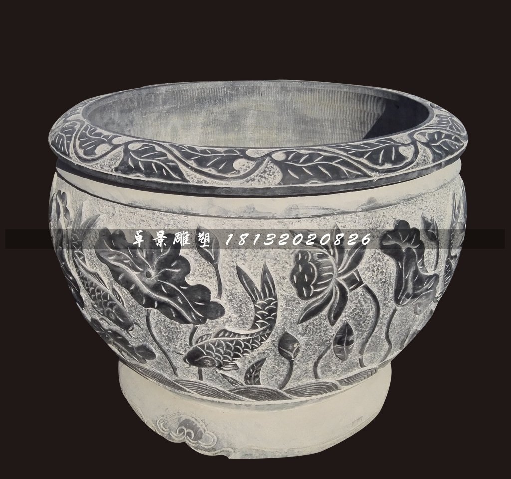 青石荷花魚(yú)水盆，仿古石水缸 (2)
