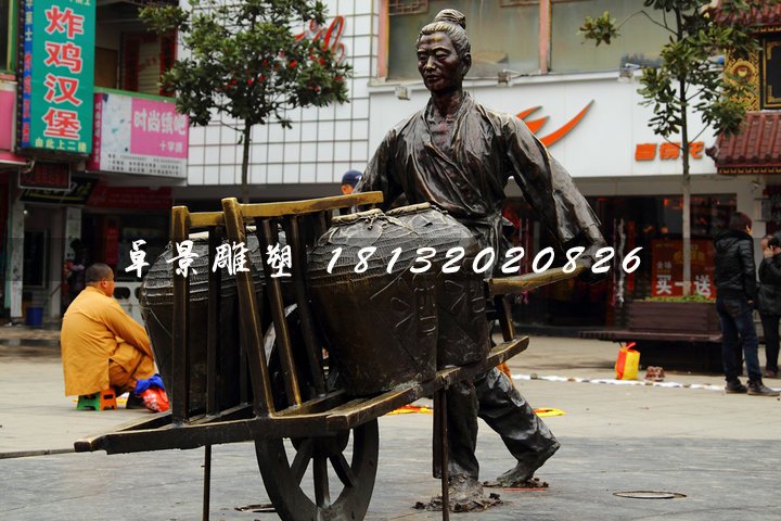 獨輪車銅雕，街頭古代人物雕塑