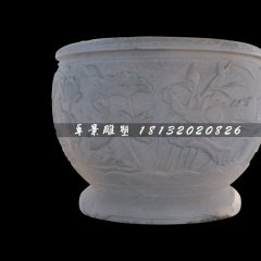 荷花浮雕水缸，圓形水缸雕塑