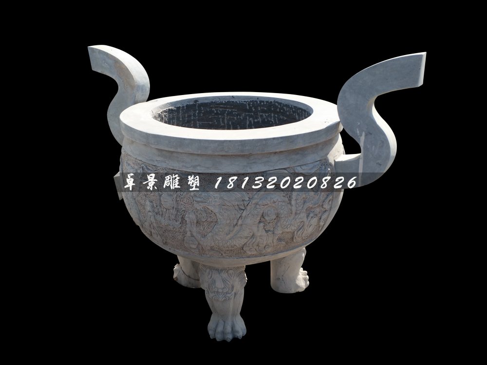三足香爐，寺廟圓香爐石雕