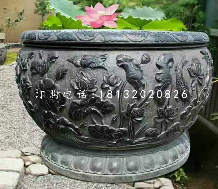 石水缸，荷花魚浮雕水缸