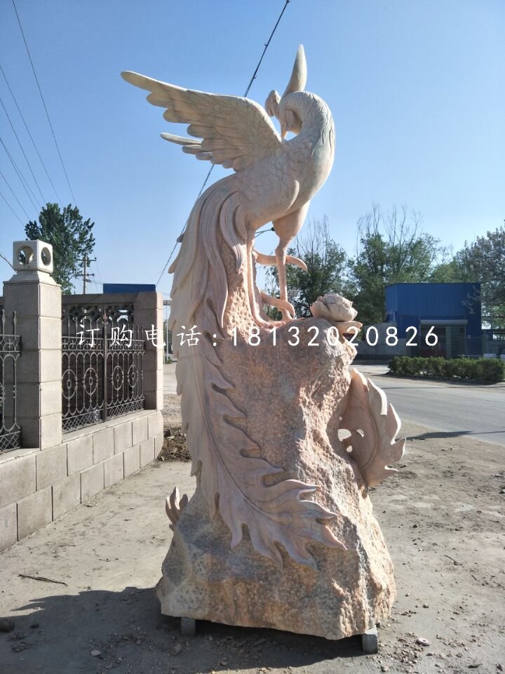 石雕鳳凰，晚霞紅神獸