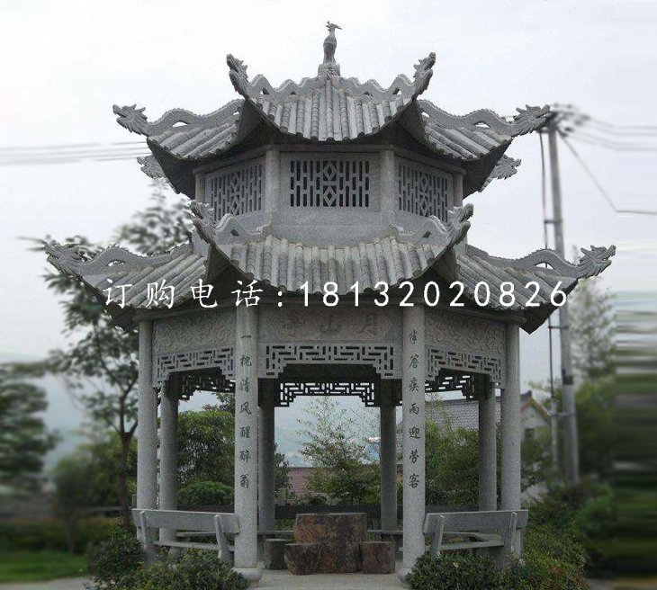 八角涼亭石雕，青石涼亭雕塑