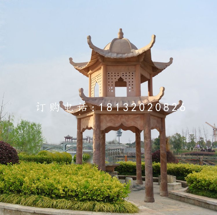 公園石亭子，晚霞紅雙層涼亭