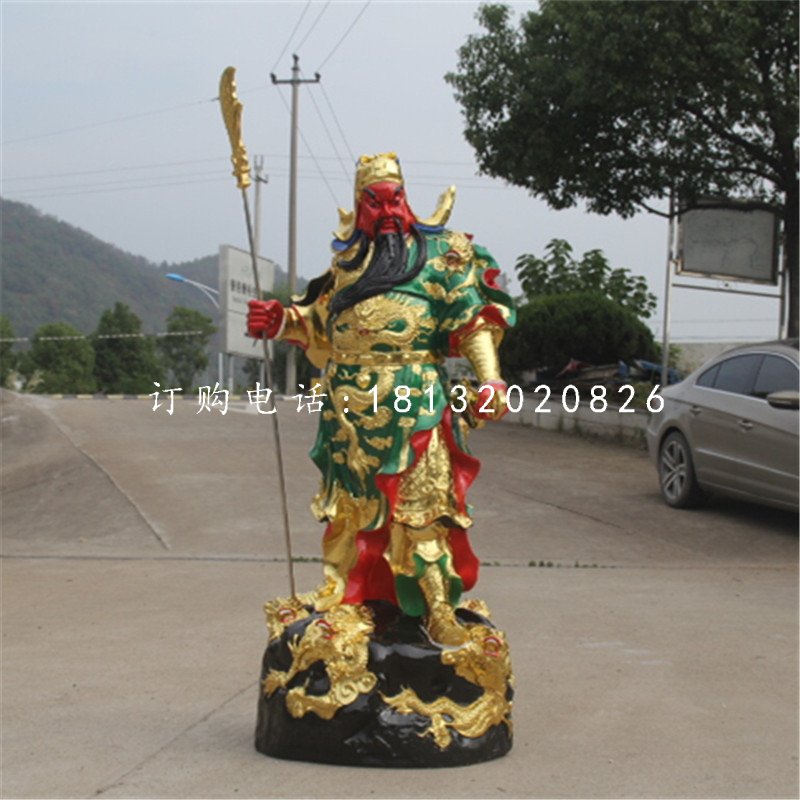 玻璃鋼彩繪關(guān)公，拿刀關(guān)公刀雕塑