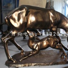母子鹿雕塑，玻璃鋼仿銅動物雕塑