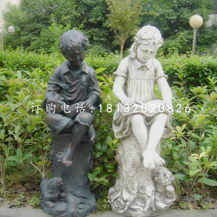 玻璃鋼人物雕塑，小孩看書雕塑