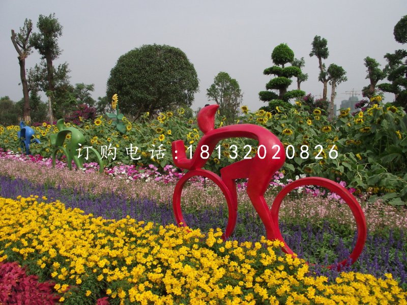 抽象人物騎車(chē)子雕塑，不銹鋼景觀(guān)雕塑