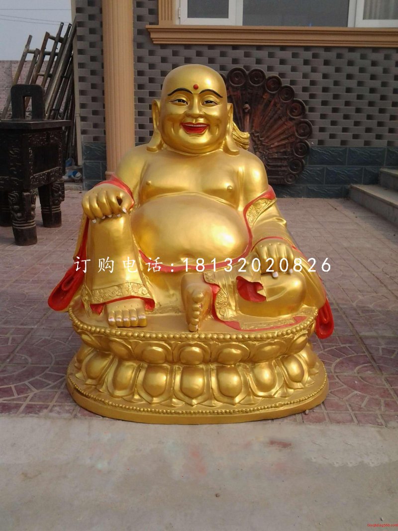 坐式彌勒佛雕塑，銅雕彩繪佛像