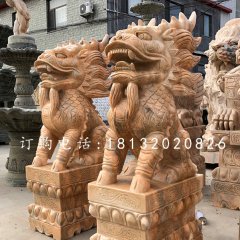 晚霞紅門口麒麟，古代神獸石雕