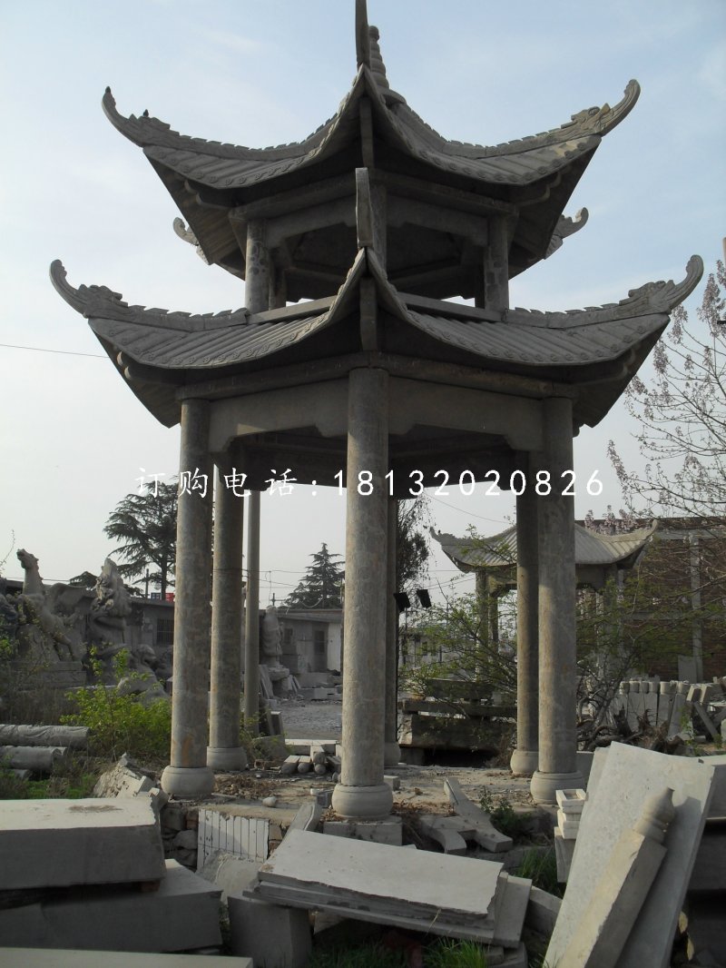 六角涼亭，青石涼亭雕塑