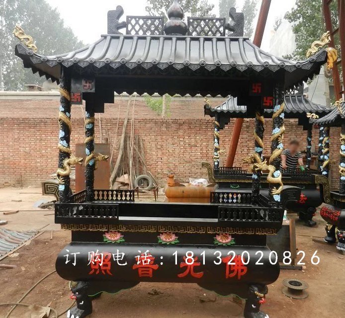 方形鐵香爐雕塑，寺廟鐵香爐雕塑
