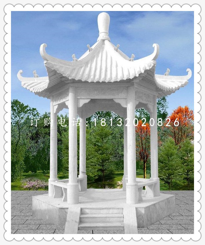 漢白玉六角石涼亭，公園涼亭石雕