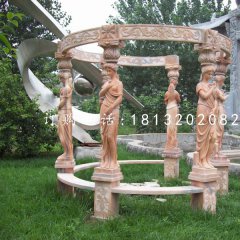 西方人物石涼亭，晚霞紅歐式?jīng)鐾? width=