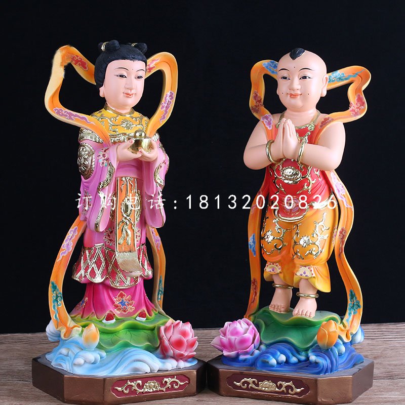玻璃鋼善財童子龍女雕塑，彩繪神像雕塑