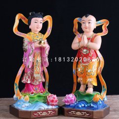 玻璃鋼善財(cái)童子龍女雕塑，彩繪神像雕塑