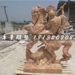 西方人物騎馬石雕，晚霞紅景觀石雕