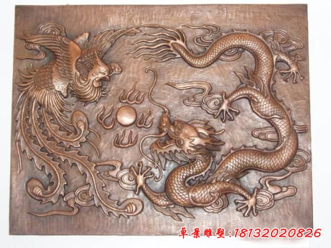 銅浮雕，龍鳳戲珠銅浮雕